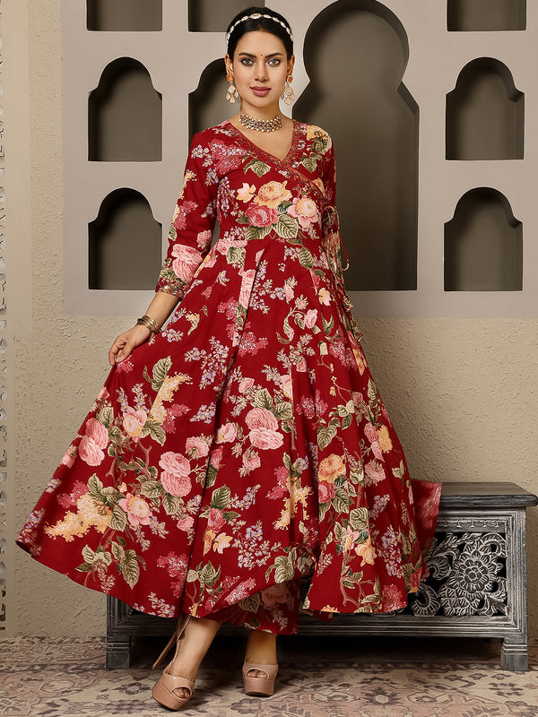Maroon Cotton Calf Length Printed V-Neck Anarkali Kurta Suit Set