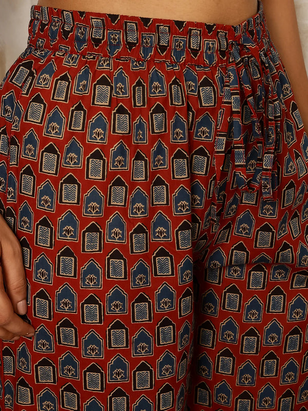 Cotton Calf Length Printed V-Neck Anarkali Kurta Suit Set