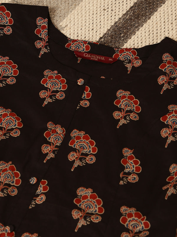 Cotton Calf Length Printed Straight 3/4 Sleeves Round Kurta Suit Set (Plus+)