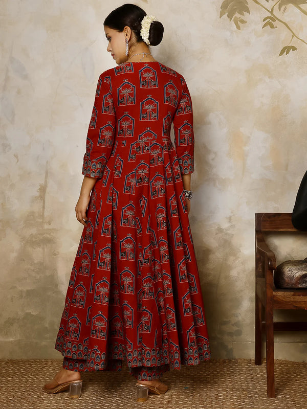 Cotton Calf Length Printed V-Neck Anarkali Kurta Suit Set