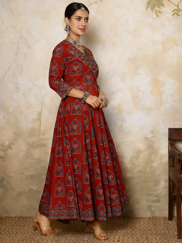 Cotton Calf Length Printed V-Neck Anarkali Kurta Suit Set