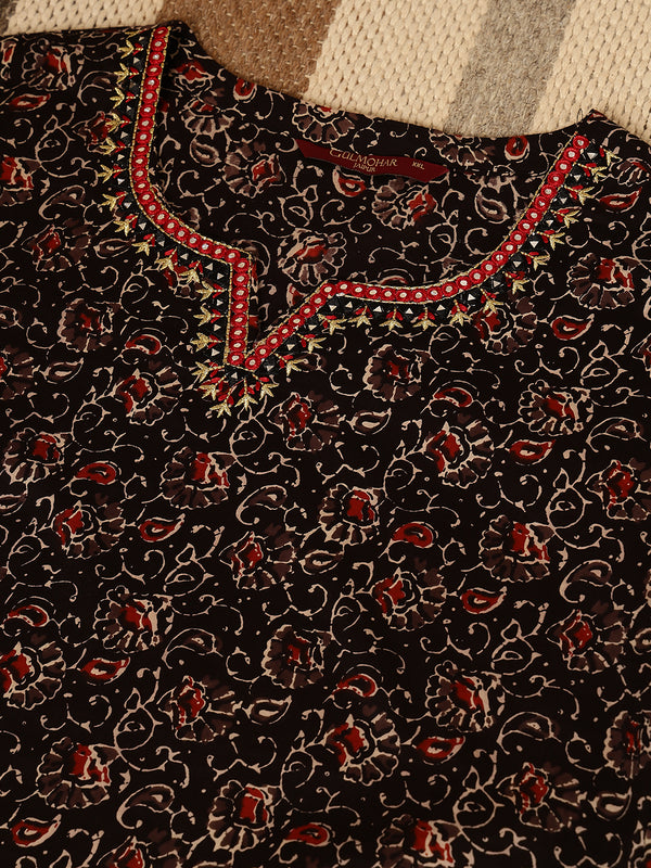 Cotton Calf Length Printed Straight 3/4 Sleeves Round Kurta Suit Set (Plus+)