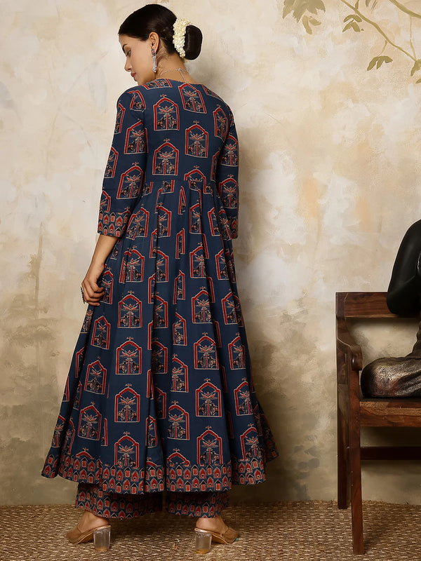 Cotton Calf Length Printed V-Neck Anarkali Kurta Suit Set