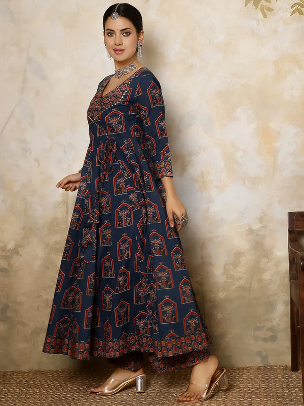 Cotton Calf Length Printed V-Neck Anarkali Kurta Suit Set