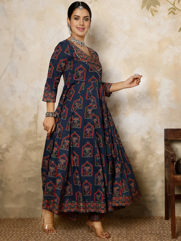 Cotton Calf Length Printed V-Neck Anarkali Kurta Suit Set