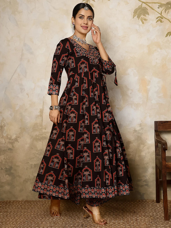 Cotton Calf Length Printed V-Neck Anarkali Kurta Suit Set