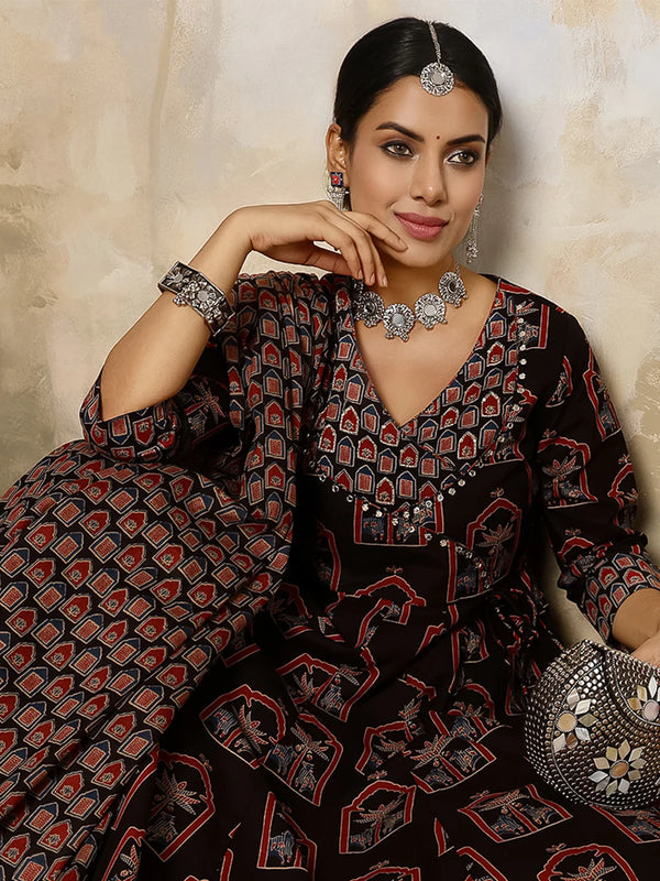 Cotton Calf Length Printed V-Neck Anarkali Kurta Suit Set