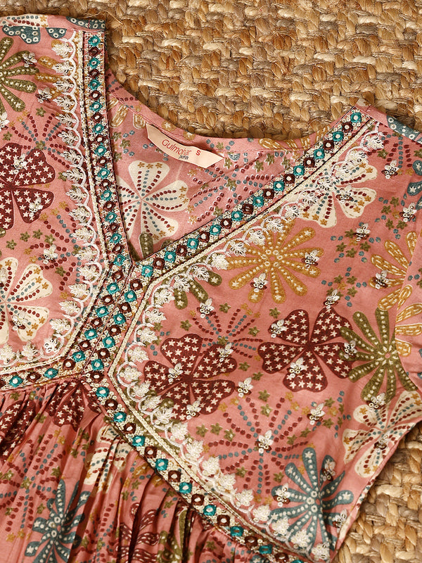 Pink Rayon Calf Length Printed V-Neck Flared Kurta Suit Set