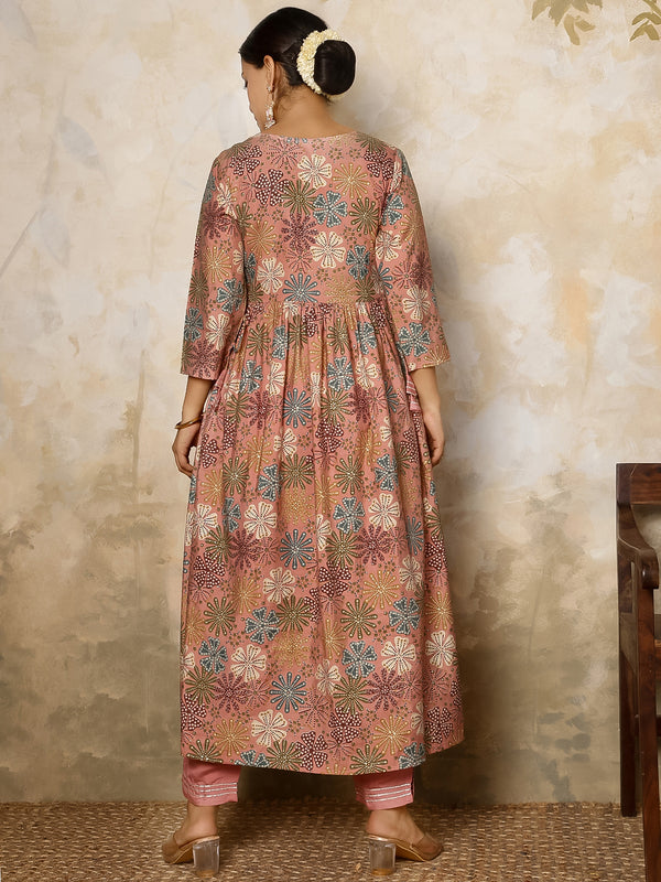 Pink Rayon Calf Length Printed V-Neck Flared Kurta Suit Set