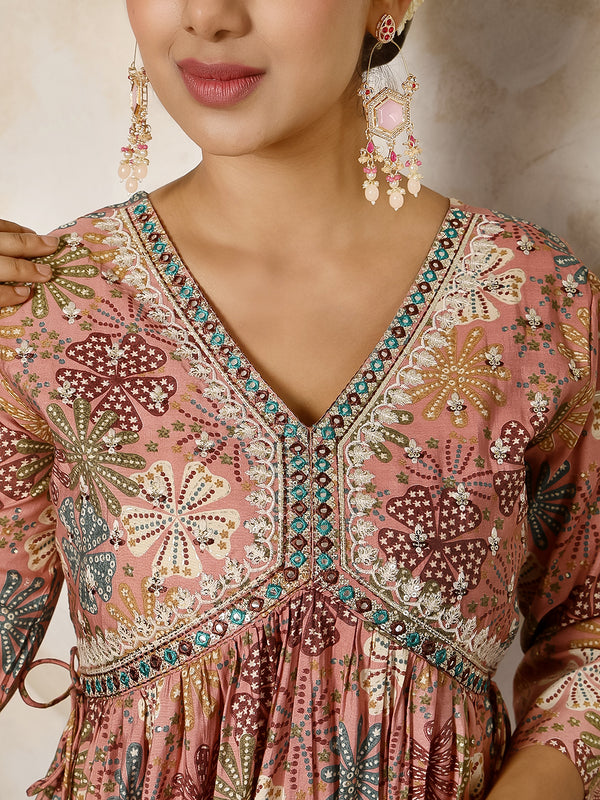 Pink Rayon Calf Length Printed V-Neck Flared Kurta Suit Set