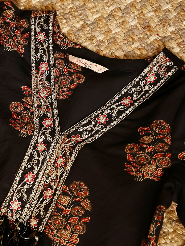 Black Cotton Calf Length Printed V-Neck Flared Kurta Suit Set