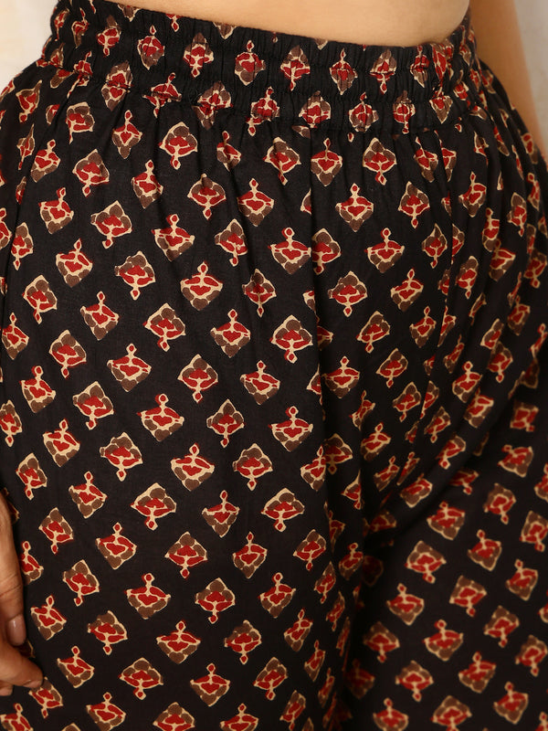 Black Cotton Calf Length Printed V-Neck Flared Kurta Suit Set