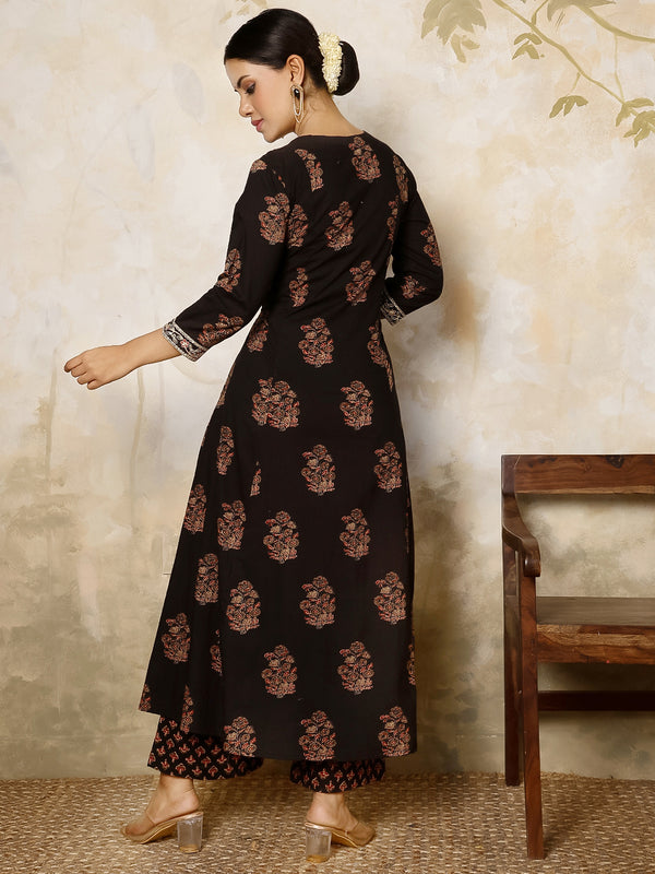 Black Cotton Calf Length Printed V-Neck Flared Kurta Suit Set