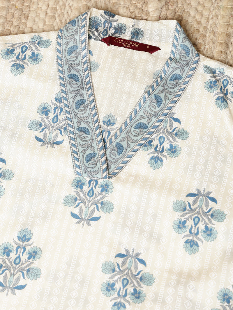 Blue Cotton Calf Length Printed Collared Straight Kurta Palazzo Set