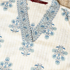 Blue Cotton Calf Length Printed Collared Straight Kurta Palazzo Set