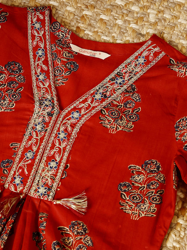 Maroon Cotton Calf Length Printed V-Neck Flared Kurta Suit Set