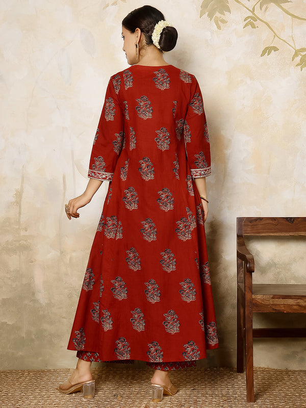 Maroon Cotton Calf Length Printed V-Neck Flared Kurta Suit Set