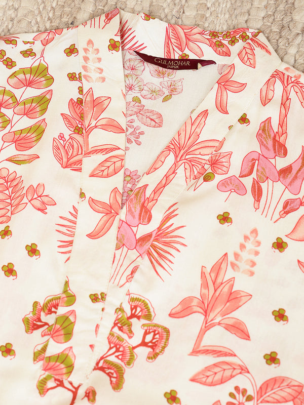 Peach Rayon Calf Length Printed Collared Straight Kurta Palazzo Set