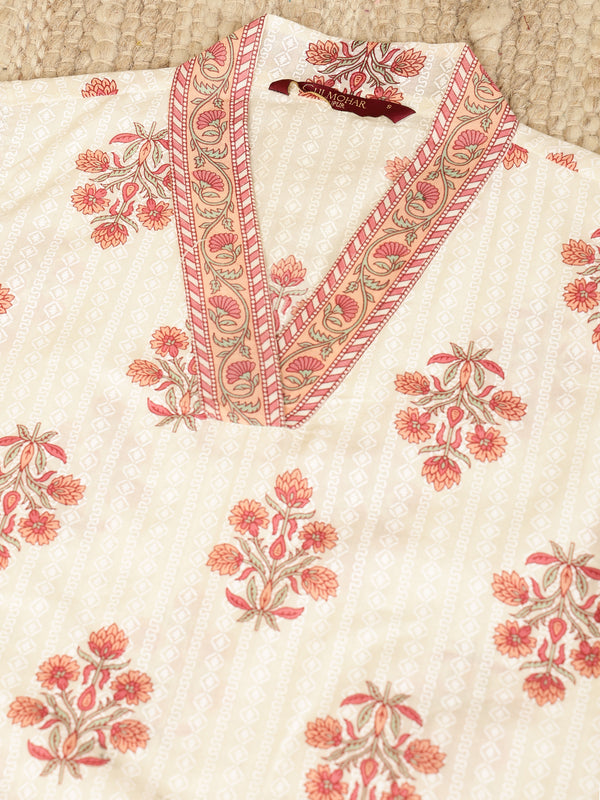 Peach Cotton Calf Length Printed Collared Straight Kurta Palazzo Set