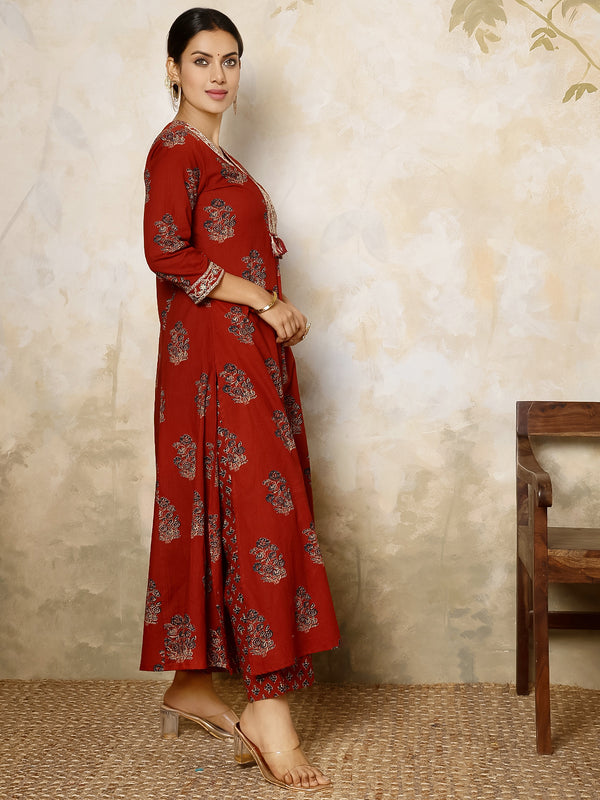 Maroon Cotton Calf Length Printed V-Neck Flared Kurta Suit Set