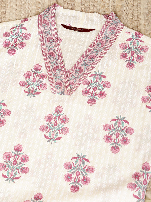 Pink Cotton Calf Length Printed Collared Straight Kurta Palazzo Set