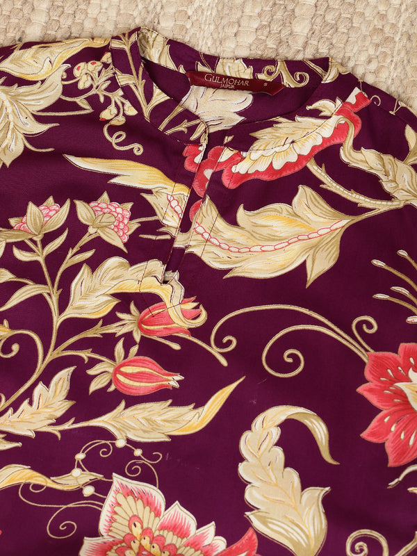 Purple Rayon Calf Length Printed Mandarin Neck Straight Kurta Palazzo Set