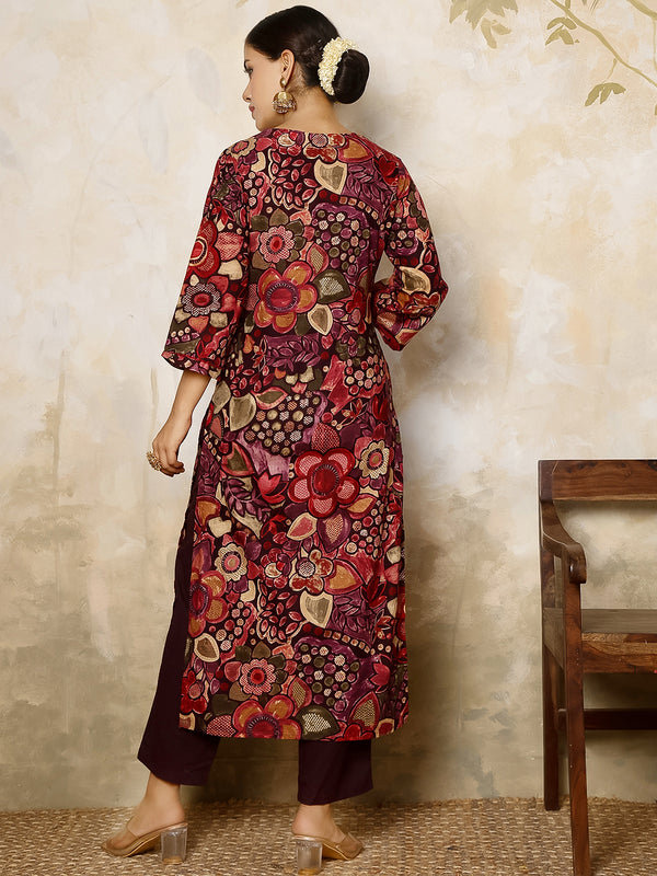 Maroon Rayon Calf Length Printed Round Flared Kurta Suit Set