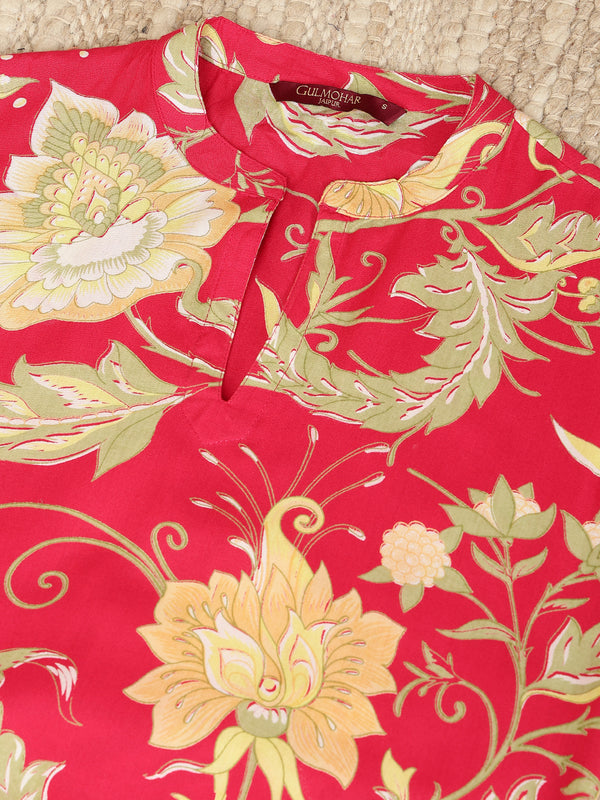 Pink Rayon Calf Length Printed Mandarin Neck Straight Kurta Palazzo Set