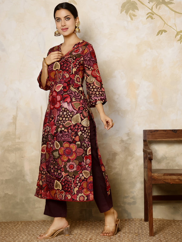 Maroon Rayon Calf Length Printed Round Flared Kurta Suit Set