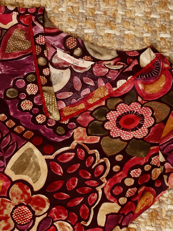 Maroon Rayon Calf Length Printed Round Flared Kurta Suit Set