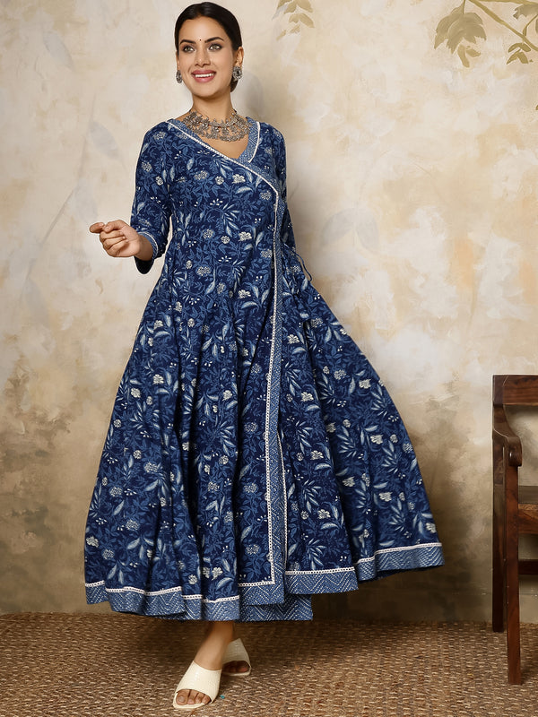 Indigo Cotton Calf Length Printed Flared V-Neck Kurta Suit Set