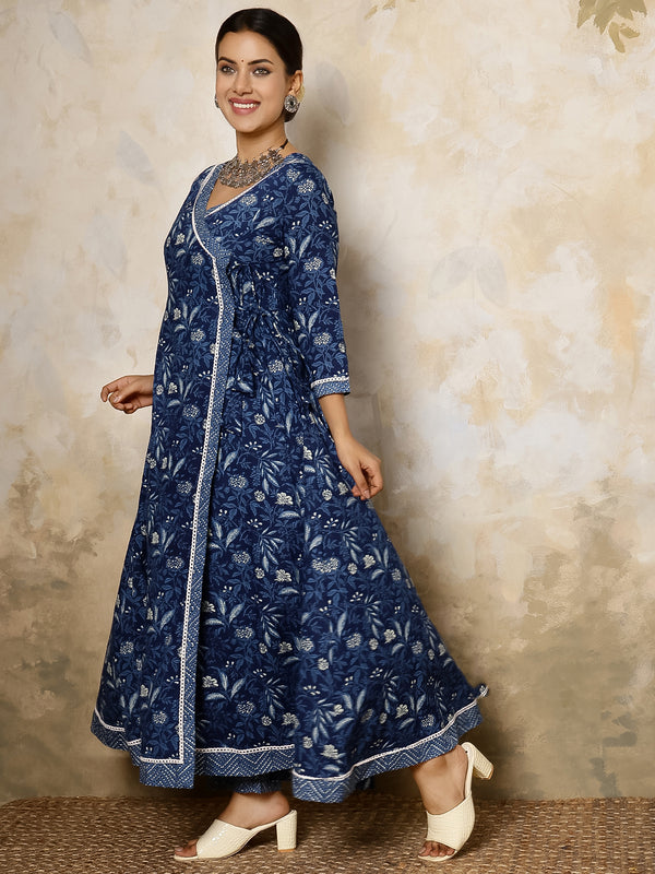 Indigo Cotton Calf Length Printed Flared V-Neck Kurta Suit Set