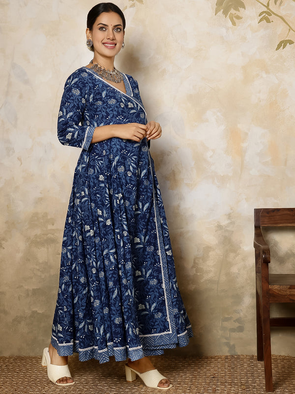 Indigo Cotton Calf Length Printed Flared V-Neck Kurta Suit Set