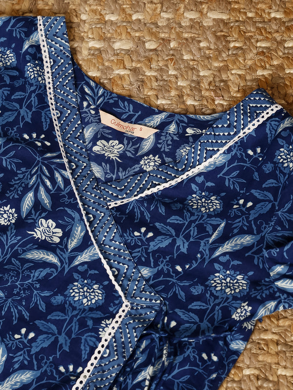 Indigo Cotton Calf Length Printed Flared V-Neck Kurta Suit Set
