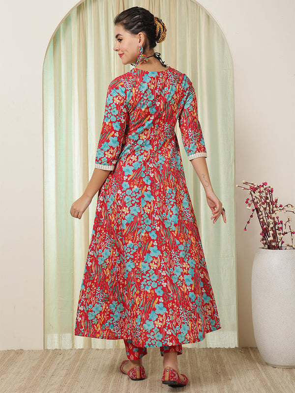 Blue Cotton Calf Length Printed Anarkali V-Neck Kurta Suit Set