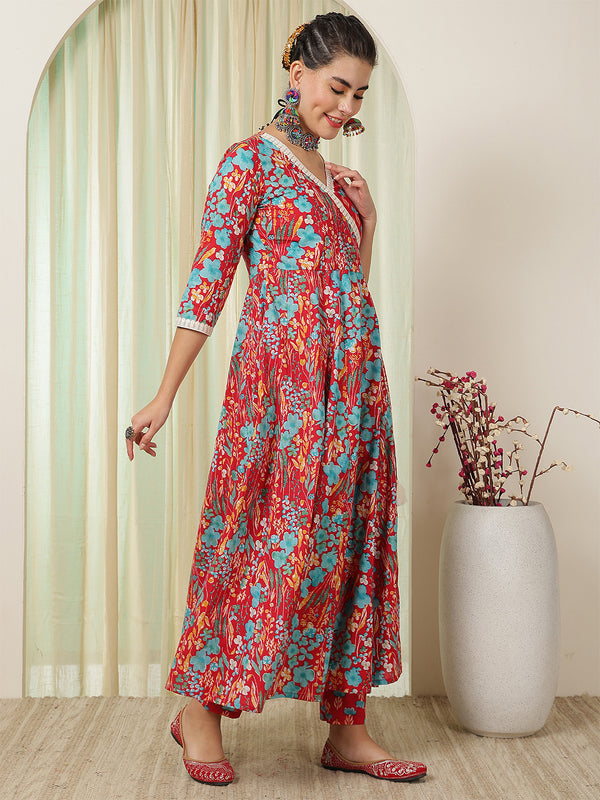 Blue Cotton Calf Length Printed Anarkali V-Neck Kurta Suit Set