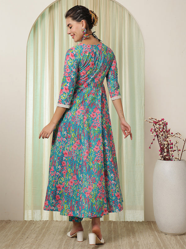Blue Cotton Calf Length Printed Anarkali V-Neck Kurta Suit Set