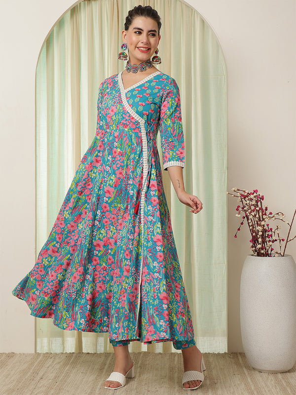 Blue Cotton Calf Length Printed Anarkali V-Neck Kurta Suit Set