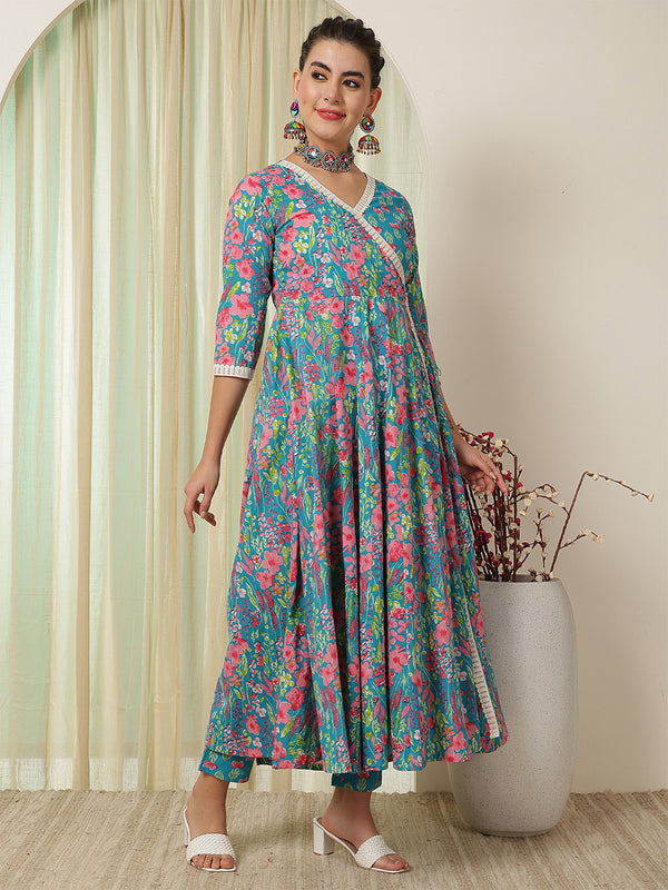 Blue Cotton Calf Length Printed Anarkali V-Neck Kurta Suit Set