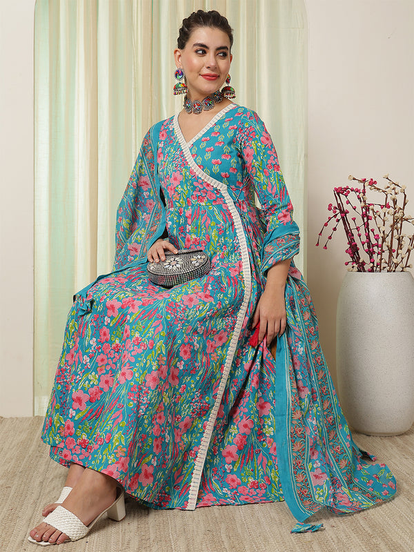 Blue Cotton Calf Length Printed Anarkali V-Neck Kurta Suit Set