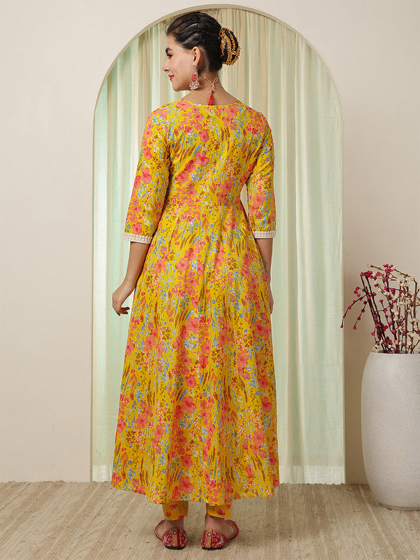 Blue Cotton Calf Length Printed Anarkali V-Neck Kurta Suit Set