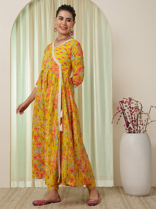 Blue Cotton Calf Length Printed Anarkali V-Neck Kurta Suit Set