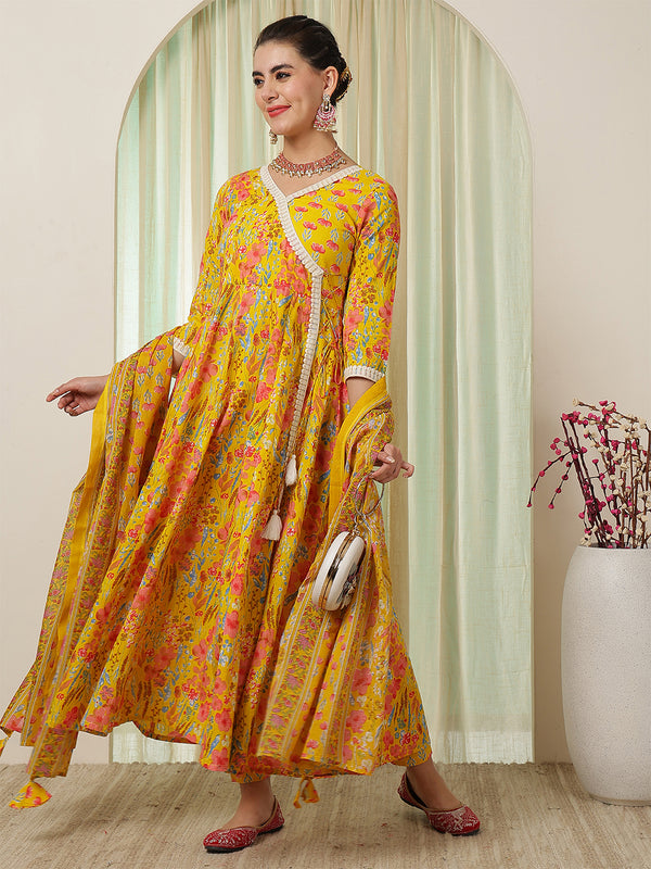 Blue Cotton Calf Length Printed Anarkali V-Neck Kurta Suit Set
