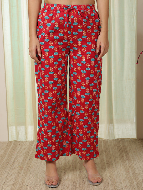 Pink Cotton Calf Length Printed V-Neck Semi-Flared Kurta Palazzo Set
