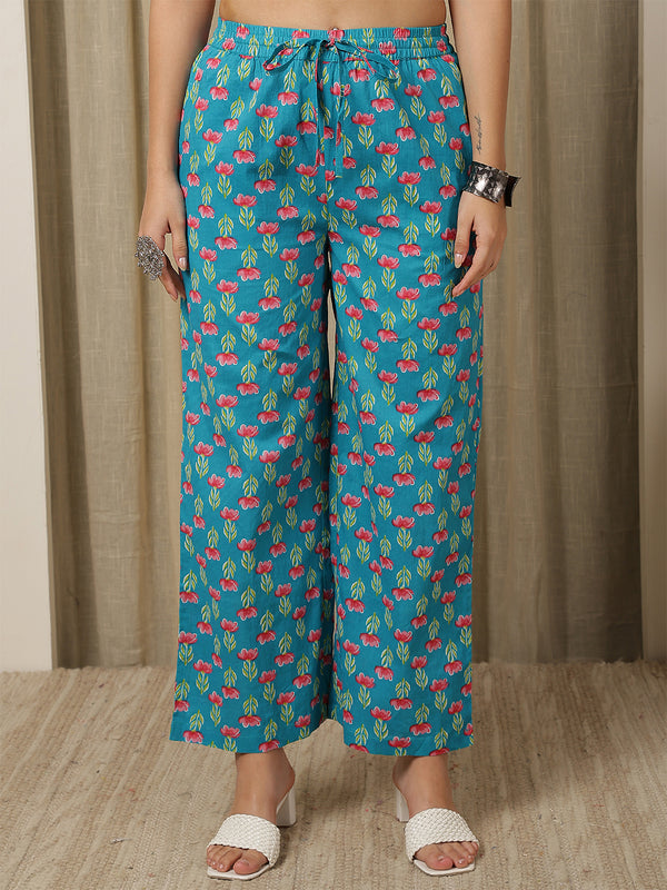 Blue Cotton Calf Length Printed V-Neck Semi-Flared Kurta Palazzo Set