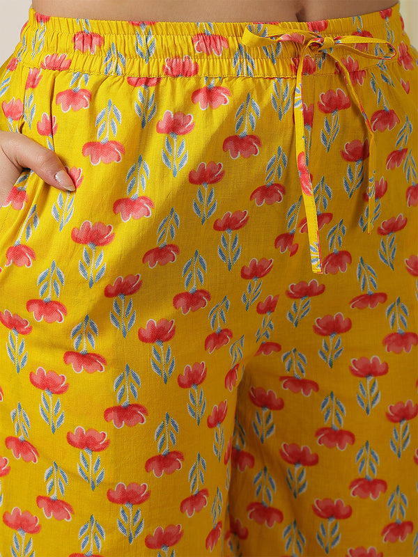 Yellow Cotton Calf Length Printed V-Neck Semi-Flared Kurta Palazzo Set