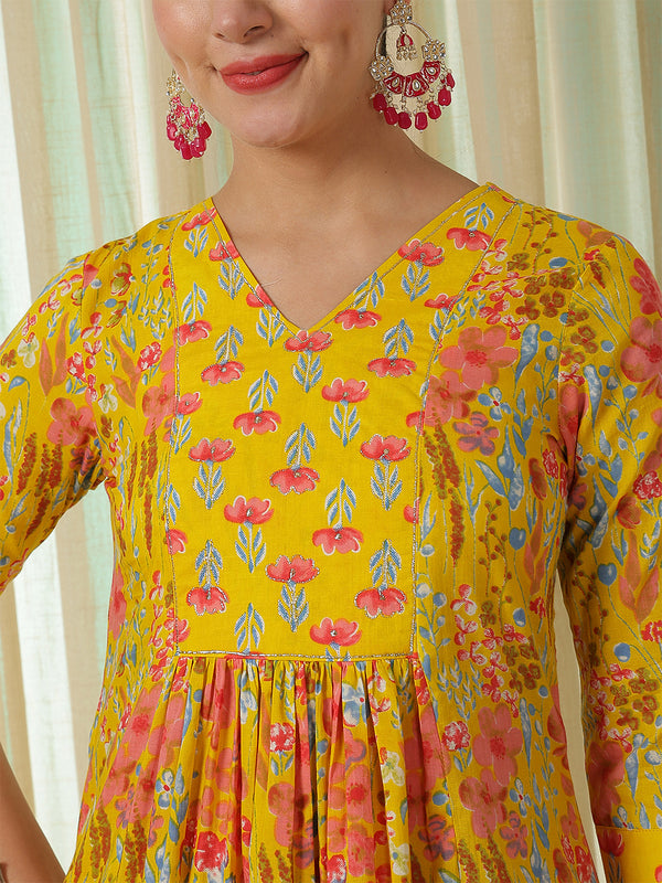 Yellow Cotton Calf Length Printed V-Neck Semi-Flared Kurta Palazzo Set