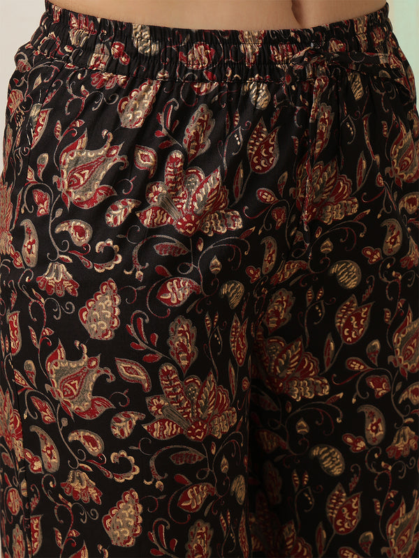 Black Cotton Calf Length Printed Round Neck Anarkali Kurta Suit Set