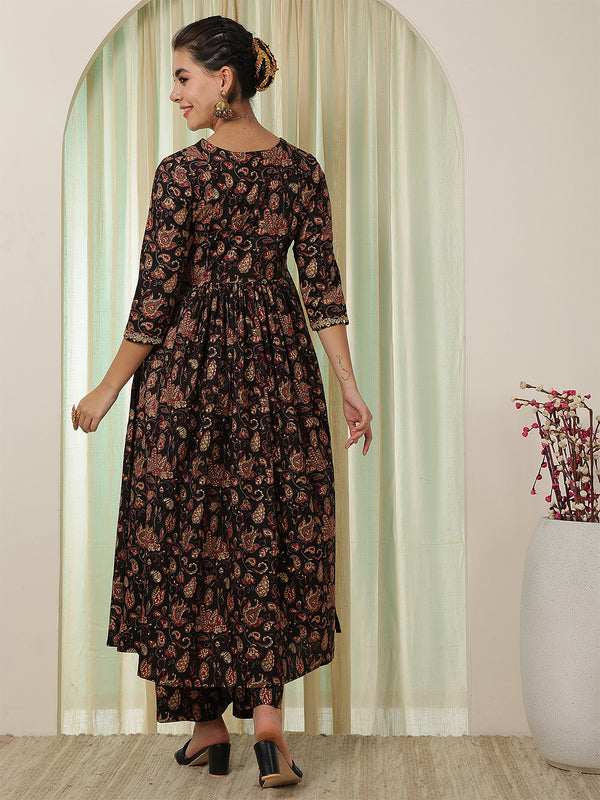 Black Cotton Calf Length Printed Round Neck Anarkali Kurta Suit Set