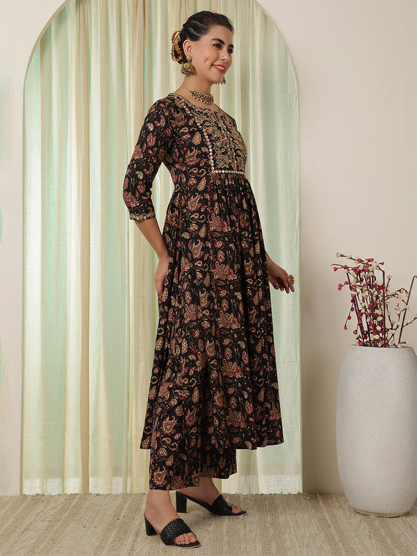 Black Cotton Calf Length Printed Round Neck Anarkali Kurta Suit Set